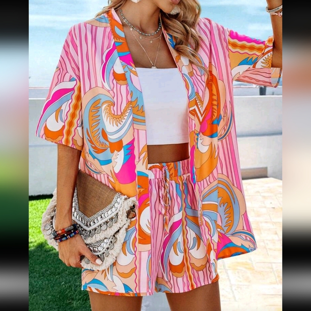 Vibrant Pink and Orange Women's Swim Cover-Up Set Size L
